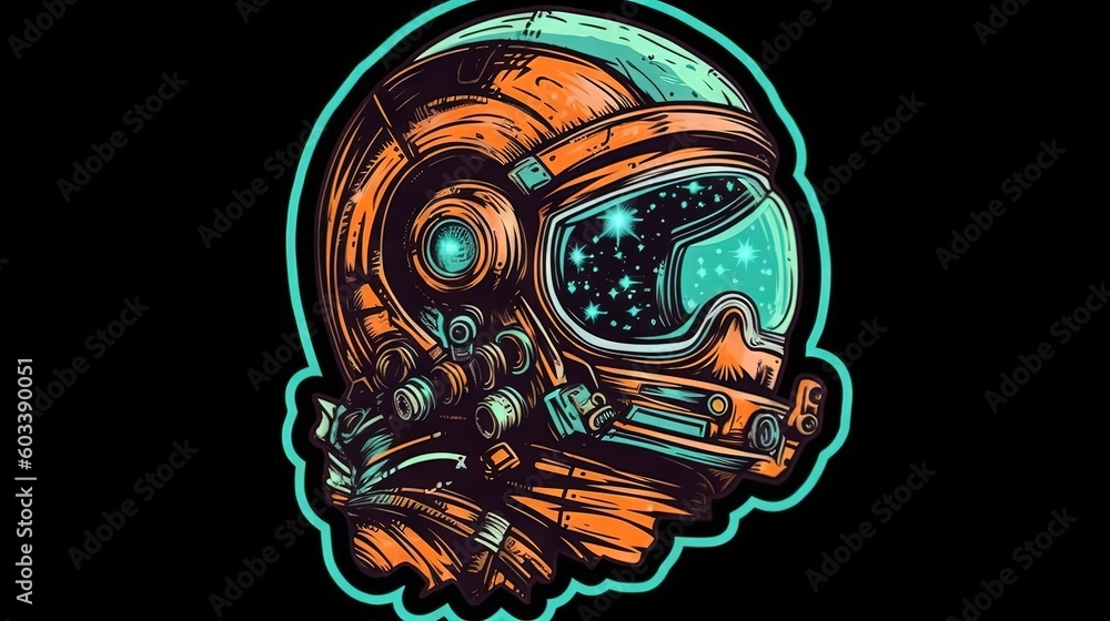 Poster an astronaut's helmet with a space theme on it. generative ai