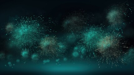  a bunch of green fireworks on a dark background with a place for text.  generative ai