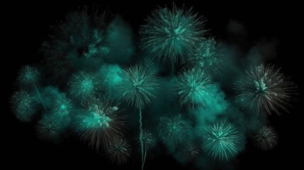 Obraz na płótnie Canvas a bunch of green fireworks are lit up in the dark. generative ai