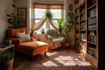 A cozy reading nook in a sunlit corner, featuring a comfortable armchair, a floor-to-ceiling bookshelf, and a soft area rug. Generative AI