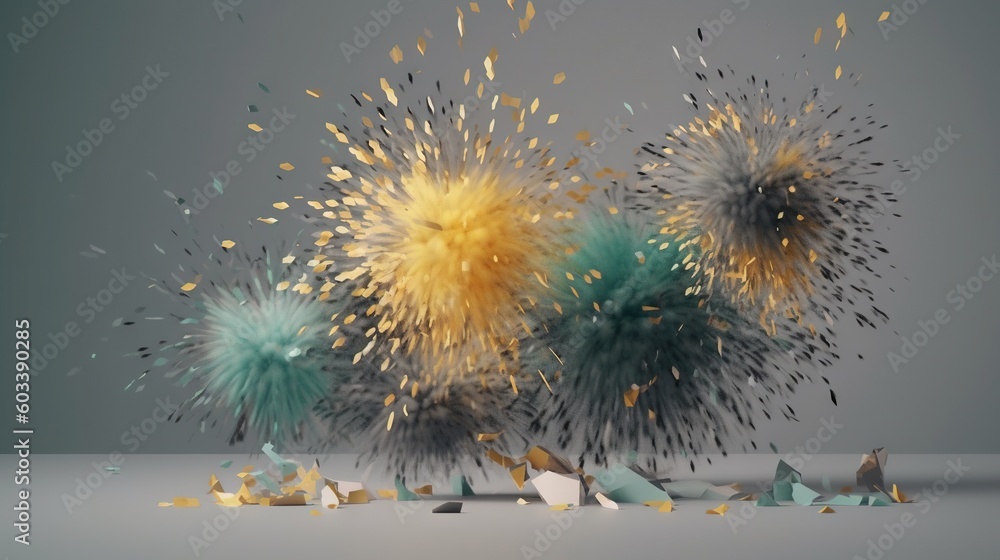 Poster a group of colorful fireworks exploding in the air with confetti. generative ai