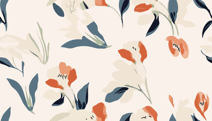Fototapeta premium Modern hand drawn minimalist flower pattern. Light beautiful botanical print. Fashionable template for design