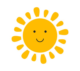 Cute smiling sun icon isolated on white background.