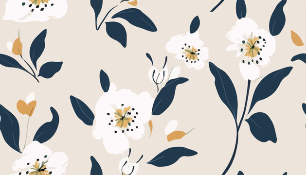 Modern hand drawn minimalist flower pattern. Light beautiful botanical print. Fashionable template for design