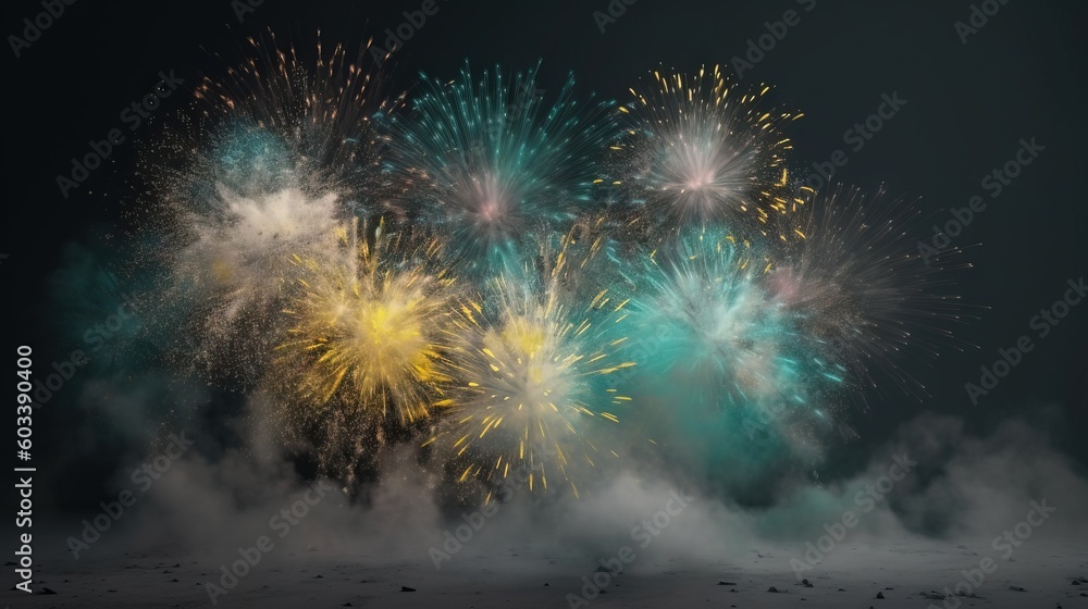 Poster a group of colorful fireworks exploding in the sky over a snow covered ground. generative ai
