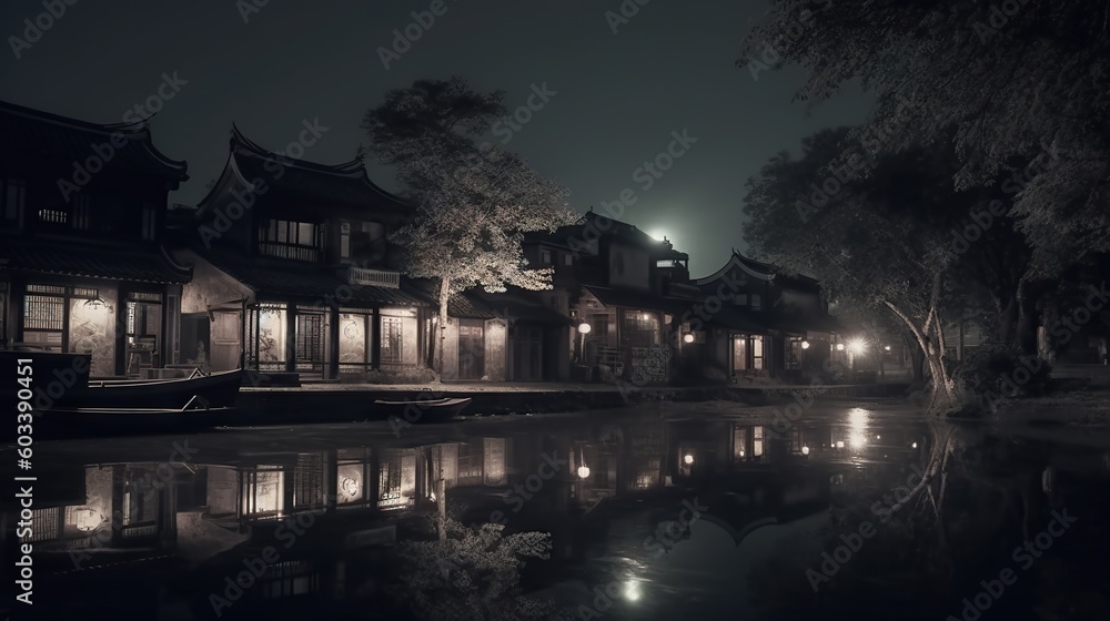 Poster a building with a pond in front of it at night. generative ai