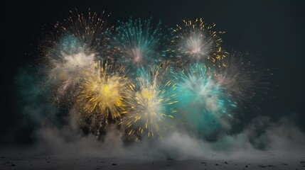  a group of colorful fireworks exploding in the sky over a snow covered ground.  generative ai