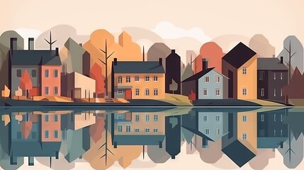  a painting of a city with a lake in front of it.  generative ai