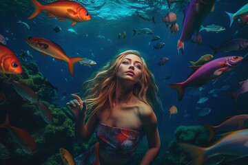 Playful mermaid on underwater surrounded by colorful fish, generative ai