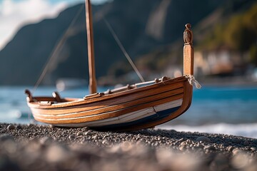 Wooden boat parked at sea beach.