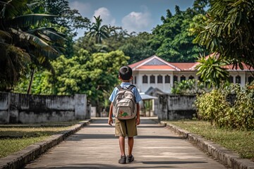 Back View of a School Student Walking to School with a School Bag