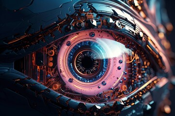 Close-Up Shot of a Futuristic Cyborg's Cybernetic Eye Scanning its Surroundings