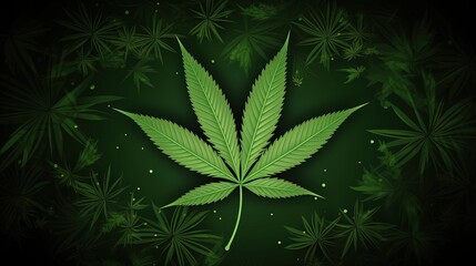  a green marijuana leaf on a dark green background with stars.  generative ai