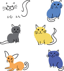 Cute and funny cats doodle vector set. Cartoon cat or kitten characters design collection with flat color in different poses.