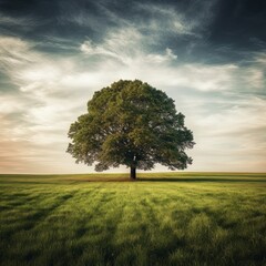 A Majestic Tree Resting on a Grassy Field at Sunset - A Surreal and Dreamy Landscape
