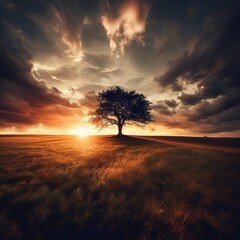 A Majestic Tree Resting on a Grassy Field at Sunset - A Surreal and Dreamy Landscape