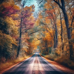 A stunning view of a sun-drenched road winding through a forest of vibrant, colorful trees