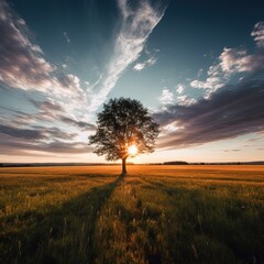 Fototapeta na wymiar A Majestic Tree Resting on a Grassy Field at Sunset - A Surreal and Dreamy Landscape