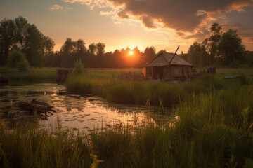 Fototapeta premium Outdoor bushcraft scene camping site, tent in the woods, generative ai