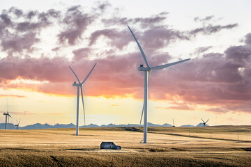 Sunset windmills producing green energy overlooking harvested agriculture fields and distant mountains with a rustic barn on the Canadian prairies.