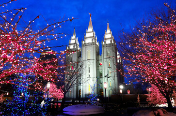 Salt Lake City Temple with Christmas Lights on Trees for Holiday Decorations