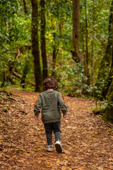 A boy having fun on the trail in the evergreen cloud forest of Garajonay National Park, La Gomera, Canary Islands, Spain