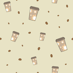 Vector abstract coffee cups and beans repeating pattern background.