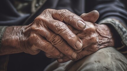 Close of male wrinkled hands, old man is wearing vintage tone. AI Generated