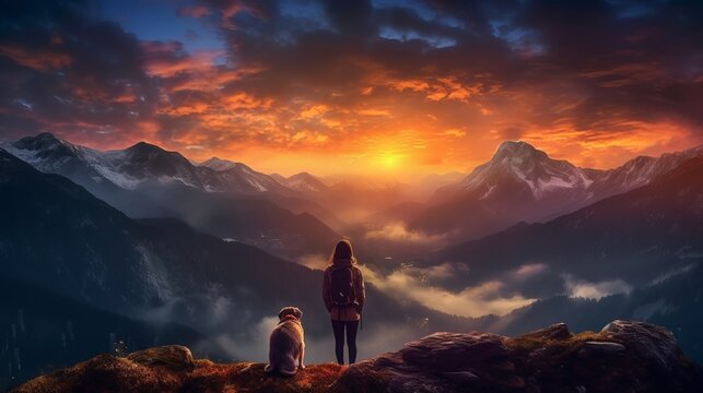 woman and canine watching disorienting scene of famous lights at sunset in tall mountains. AI Generated