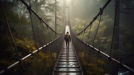 Raise see of climber walking on footbridge towards timberland. AI Generated