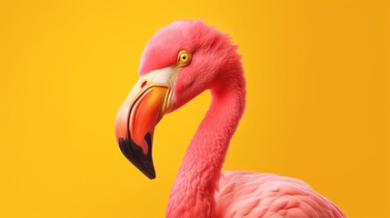 Pink flamingo in yellow establishment. AI Generated