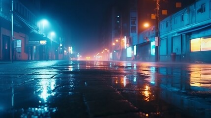 Clammy black-top, reflection of neon lights, a searchlight, smoke. Theoretical light in a somber cleanse road with smoke, weaken cloud. AI Generated - obrazy, fototapety, plakaty