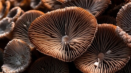 Fototapeta premium Closeup of portabella mushroom gills. AI Generated