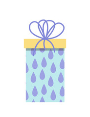 Gift box with drobs. Blue present box with drobs and yellow box top. Flat, cartoon, vector