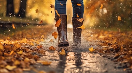 Lady wearing rain flexible boots strolling running and bouncing into puddle with water sprinkle and drops in collect time rain. AI Generated - obrazy, fototapety, plakaty