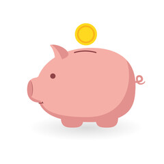 Piggy bank with falling coin. Concept of money saving or accumulation, investment and personal finance depositing.