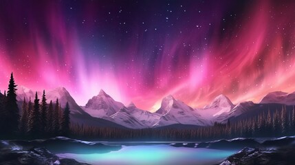 Staggering Mountains with Aurora Borealis. Fuchsia Sky Foundation with copyspace. AI Generated