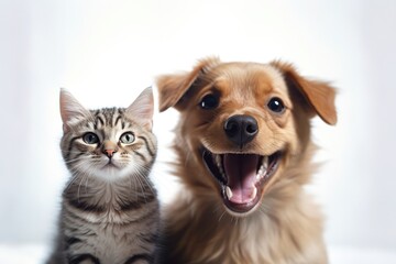 Portrait of a dog and a cat looking at the camera in front of a white background, Generative AI