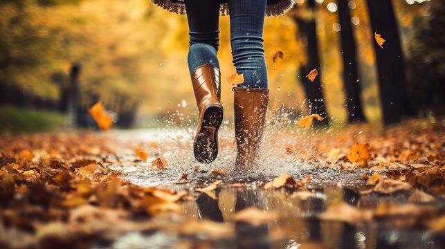Lady wearing rain adaptable boots strolling running and hopping into puddle with water sprinkle and drops in collect time rain. AI Generated