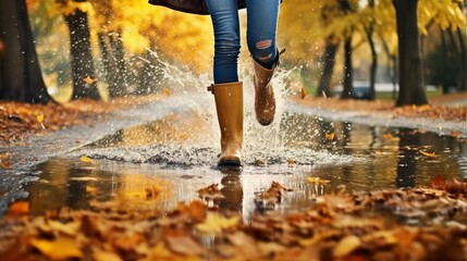 Woman wearing rain versatile boots walking running and bouncing into puddle with water sprinkle and drops in collect time rain. AI Generated