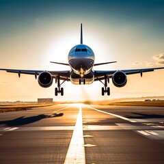 Naklejka premium Passenger Plane Soars from the Runway into a Breathtaking Dusky Sky