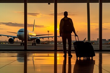 A Traveler Stands with Luggage, Gazing at an Airplane through the Glass Window at the Airport