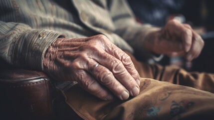 Fototapeta premium Near of male wrinkled hands, ancient man is wearing vintage tone. AI Generated