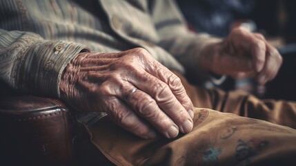 Near of male wrinkled hands, ancient man is wearing vintage tone. AI Generated