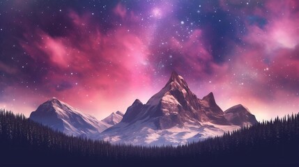 Stunning Mountains with Aurora Borealis. Fuchsia Sky Establishment with copyspace. AI Generated