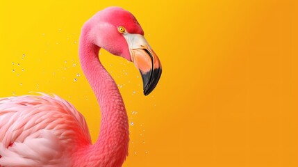 Pink flamingo in yellow establishment. AI Generated