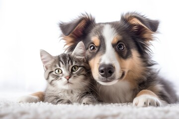 Portrait of a dog and a cat looking at the camera in front of a white background, Generative AI
