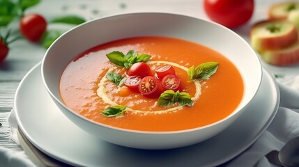 Summer Spanish soup gazpacho with rocket serving of blended greens kept on white establishment. Veggie foremost other cold tomato soup in white plate. Meatless food in menu. AI Generated