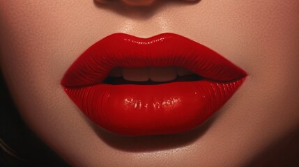 Fototapeta premium Shinning ruddy lipstick on the girl's lips. AI Generated