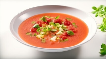 Summer Spanish soup gazpacho with rocket serving of blended greens kept on white establishment. Veggie essential other cold tomato soup in white plate. Meatless food in menu. AI Generated